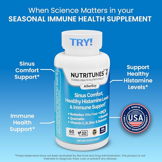 Sinus, Histamine & Immune Support–Butterbur, EpiCor, Quercetin with Bromelain – Allergy Support Supplement – 60 AllerEzy Capsules