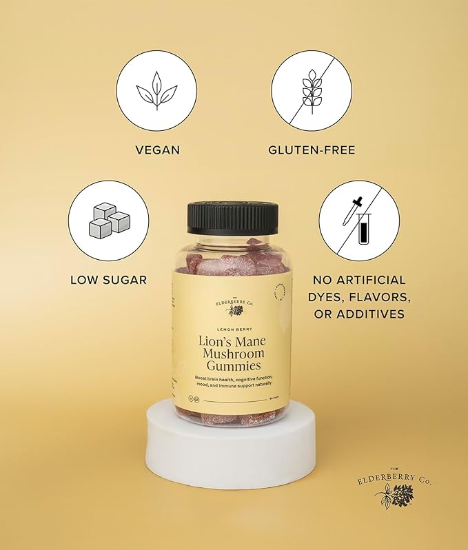 The Elderberry Co. Lion's Mane Mushroom Gummies Made from The Fruiting Body Lemon Berry Flavor Supports Immune Health, and Cognitive Function & Mental Clarity 60 Ct.