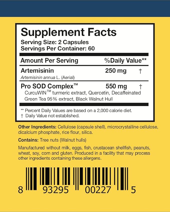 Researched Nutritionals Artemisinin SOD - Immune Support Supplement with Artemisinin, Green Tea Extract, Quercetin, Turmeric Curcumin & Black Walnut (120 Capsules)