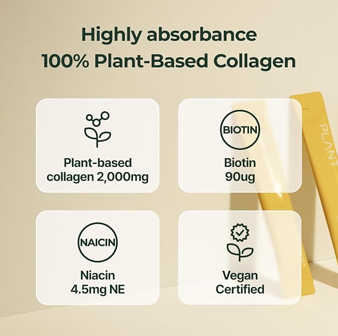 PLANT Vegan Liquid Collagen + Biotin + Niacin | 2,000mg Hydrolyzed Collagen Peptides | Kosher & Halal Certified| Lemon Flavor| Skin, Hair & Nail Support| 363Da Ultra Low Molecular |15 Stick Packs
