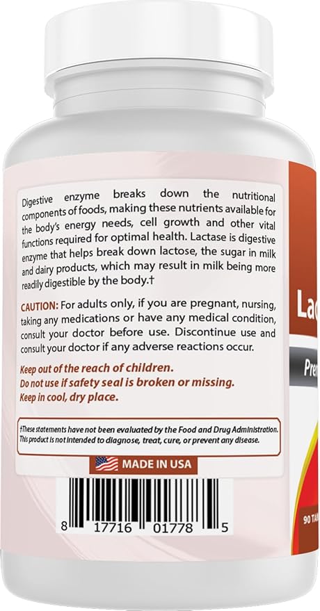 Best Naturals Lactose Intolerance Relief Tablets with Natural Lactase Enzyme, Fast Acting High Potency Lactase, 9000 FCC ALU, 90 Count