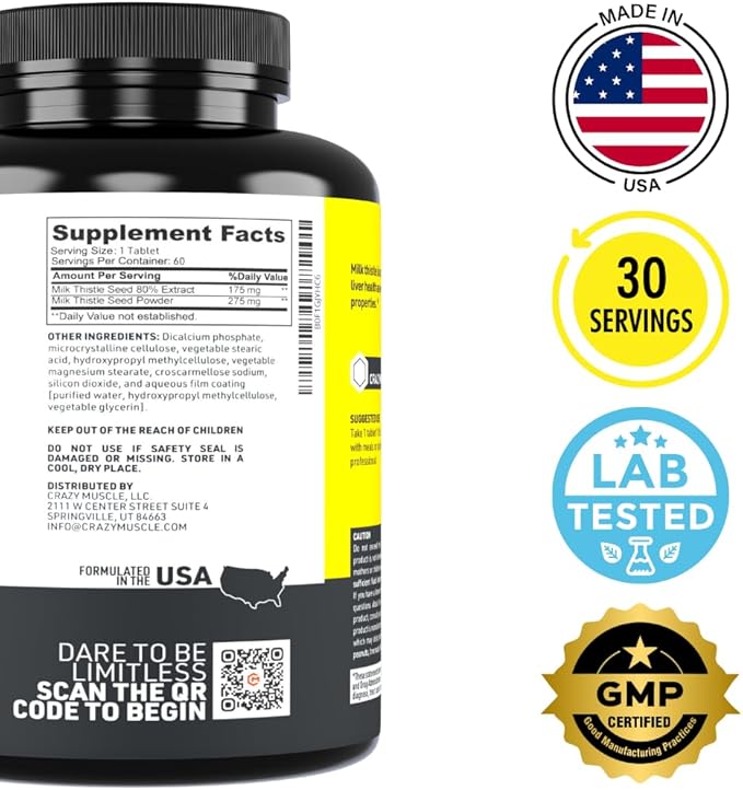 Crazy Muscle Milk Thistle Matrix, Standardized Milk Thistle Supplement for Liver Function, Health & Detox, Cleansing Formula for Metabolism, Supports Healthy Diet, 60 Servings, Pills