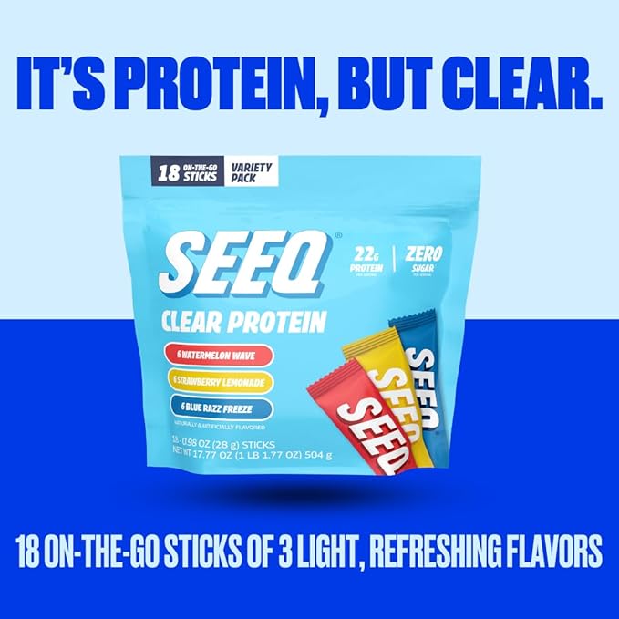 SEEQ Clear Protein Powder Sample Pack - 18 On-The-Go Sticks - 22g Clear Whey Protein Isolate - Zero Sugar - 0g Lactose - Allergen Friendly - GLP1 Support - Bone Health - Post Workout Recovery