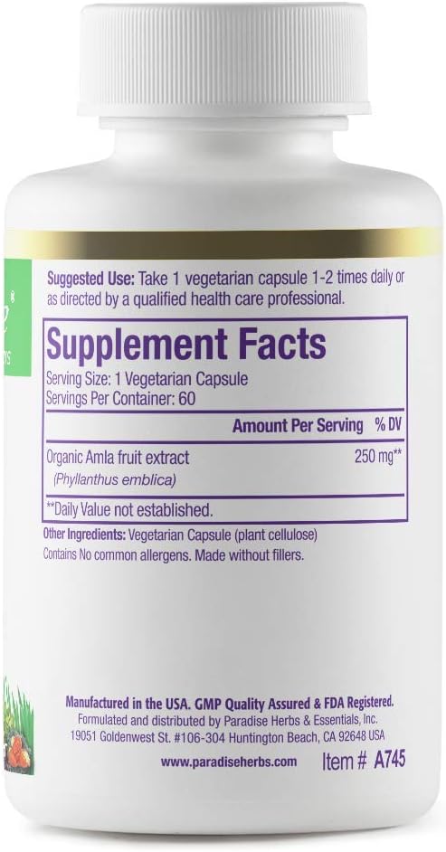 Paradise Herbs Organic Amla Extract with Vitamin C, Ayurvedic Rejuvenator, Gluten Free, Non GMO, Vegan, 60 Capsules