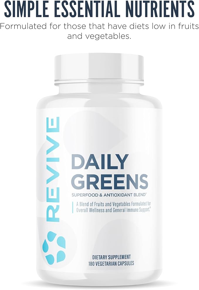 Revive MD Daily Greens Supplement for Men & Women - Superfood & Antioxidant Blend with Digestive Enzymes, Prebiotics & Probiotics for Immune Support, Digestive & Gut Health - 180 Capsules