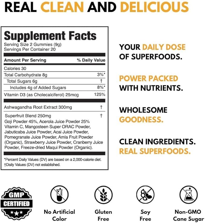 JUGO Focus + SUPERFOODS | Ashwagandha Gummies with Vitamin D3 & Superfruit Blend | 40 Count Plant - Based Adaptogen Gummies | Gelatin-Free, Non-GMO, Made in USA