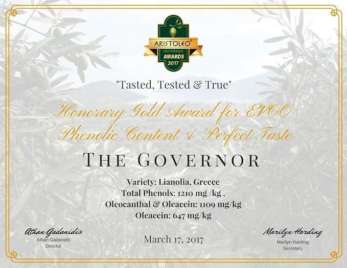 The Governor Limited Edition Extra Virgin Olive Oil - Unfiltered, Cold-Pressed, Early Harvest, Single Origin - Peppery, Robust, Spicy Notes - Packed with Polyphenols, Oleocanthal, Antioxidants, 500ml