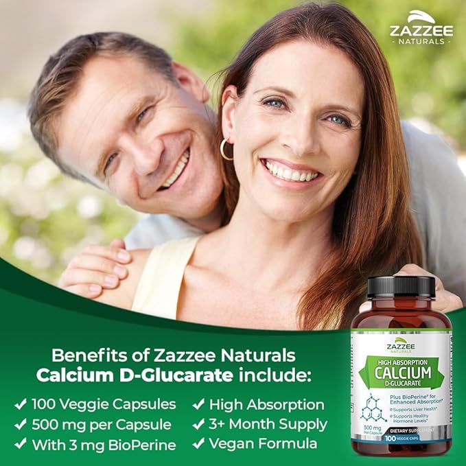 Zazzee High Absorption Calcium D-Glucarate, 500 mg per Capsule, 3 mg BioPerine for Enhanced Absorption, 100 Vegan Capsules, Plus Broccoli 10:1 Extract, 100% Vegetarian, CDG, All-Natural and Non-GMO