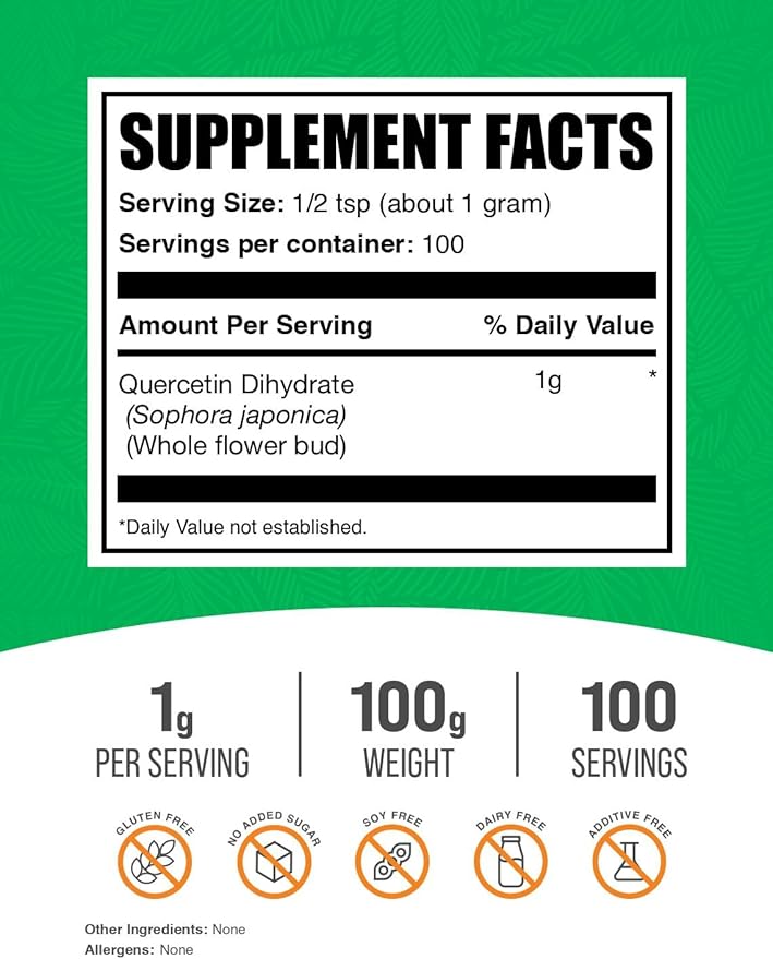 BulkSupplements.com Quercetin Dihydrate Powder - Quercetin Supplements, Antioxidants Source - Vegan & Gluten Free, 1g per Serving, 100g (3.5 oz) (Pack of 1)