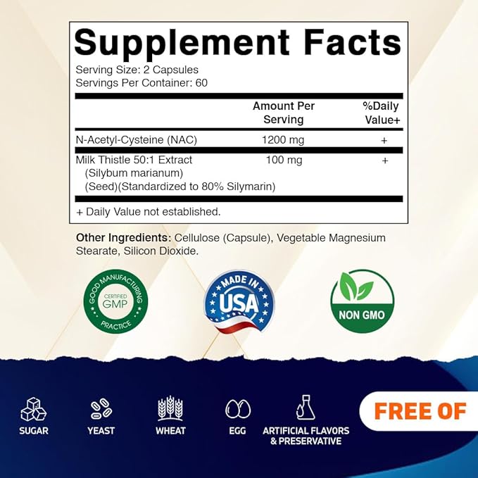 Vitamatic NAC Supplement N-Acetyl-L-Cysteine (NAC) with Milk Thistle 50:1 Extract - Supports Immune, Respiratory, Liver Health, 1200 mg per Serving, 120 Veg Capsules