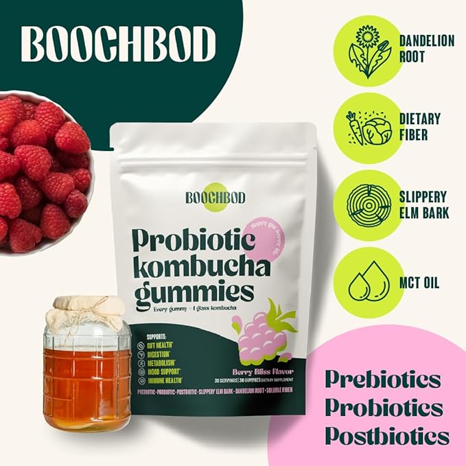 Probiotic Kombucha Gummy - Prebiotics, Probiotics, Postbiotics, Fiber Supplement, Slippery Elm, Dandelion Root, MCT Oil, for Bloating, Gut Health - Probiotics for Women, Probiotics for Men