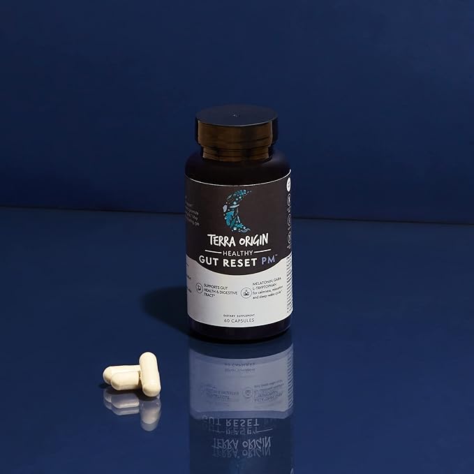 TERRA ORIGIN Healthy Gut Reset PM | 60 Veggie Capsules | Natural Sleep Aid Supplement for Sleep & Wake Cycles | GABA, L-Tryptophan, Melatonin, L-Glutamine, Licorice Root, Slippery Elm Root