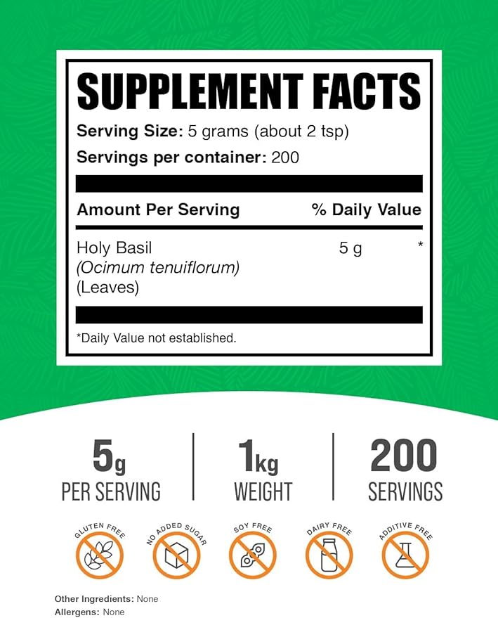 BulkSupplements.com Holy Basil Powder - Holy Basil Supplement, Holy Basil Leaf Powder - Tulsi Holy Basil, Herbal & Gluten Free, 5g per Serving, 1kg (2.2 lbs) (Pack of 1)
