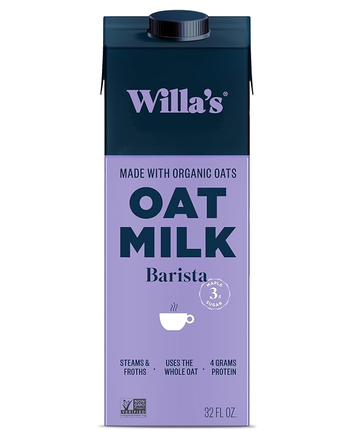 Willa's Organic Barista Oat Milk - Barista Blend Unsweetened Oatmilk and Creamer, Non-GMO, Shelf Stable, Low Sugar, Non-Dairy Milk, Made from Whole Grain Oats, For Foams and Froth, 32oz, Pack of 1