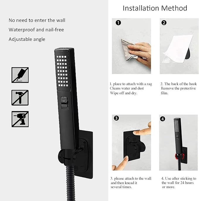 6'' Square High Pressure Rain Black Shower Heads with Handheld Spray Combo. Equipped with 78" Leakproof Hose, 3 Way Diverter Valve, Adhesive Shower Head Holder, Double Shower Head Set, AWAXFOLO