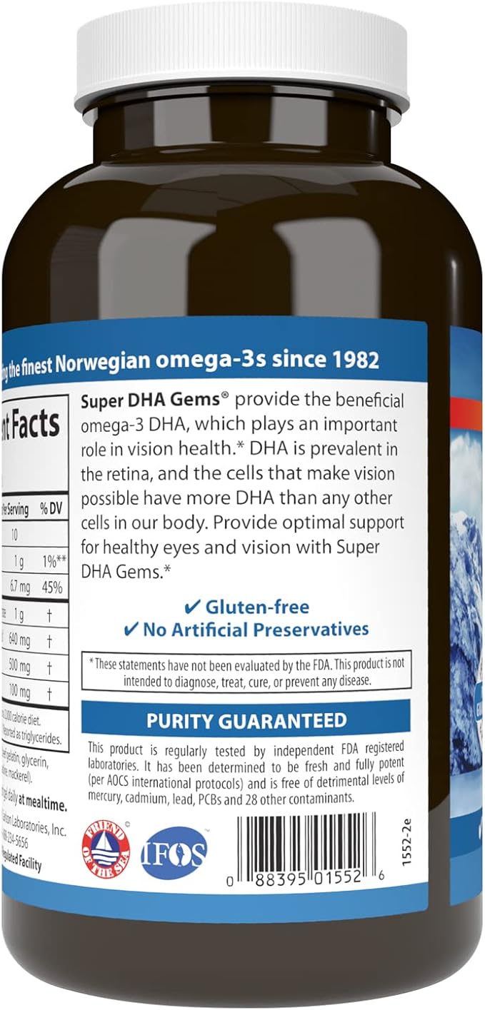 Carlson - Super DHA Gems, 500 mg DHA Supplements, 640 mg Fatty Acids, Wild-Caught Norwegian Arctic Omega 3 Fish Oil Supplement, Sustainably Sourced Fish Oil Capsules, 180 Softgels