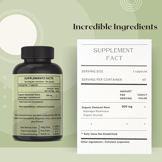 Organic Shatavari Root 500mg (Asparagus racemosus) Menstrual Cramp Relief, Menopause Support, and Women's Health | 60 Capsules | Hormonal Balance Support