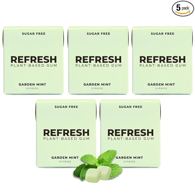 Refresh Gum, Xylitol, Natural, Sugar Free, Plastic Free, Aspartame Free, Natural Flavors & Organic Ingredients, Plant-Based, Low Calorie, Non GMO, Gluten Free, Vegan, Garden Mint Flavor, 12 Pcs, 5 Pack