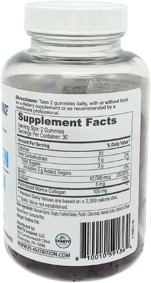 PERFORMANCE INSPIRED Nutrition Collagen + Biotin Gummies – Hydrolyzed Marine Collagen – Supports Hair, Skin & Nails – Raspberry Flavor – 60 Count