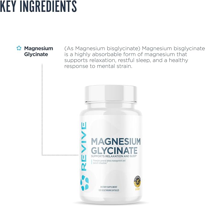 Revive Pure Magnesium Glycinate Capsules 200mg MD - High Absorption Supplement for Relaxation & Stress Relief - Organic Memory & Sleep Support Pills for Strong Bones, Normal Nerve & Muscle Function