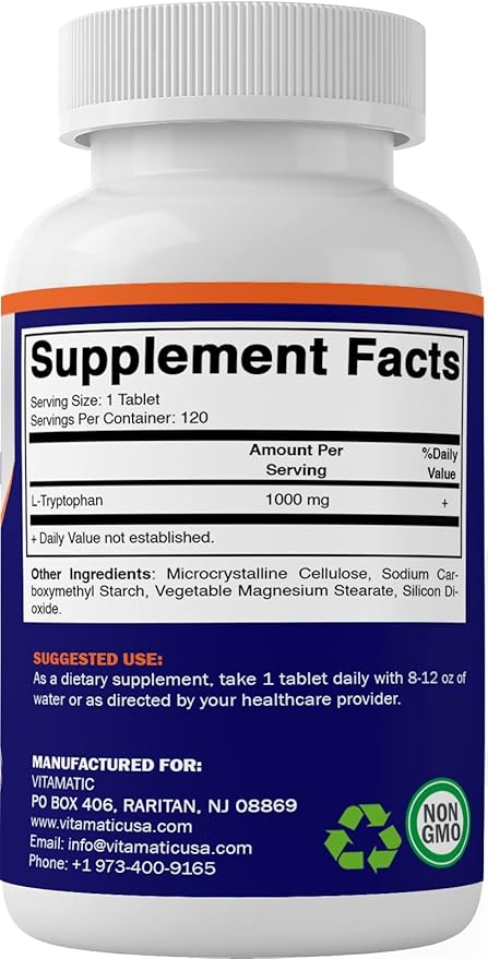 Vitamatic L-Tryptophan 1000mg 120 Tablets (120 Tablets (Pack of 1)) (3 Bottles)
