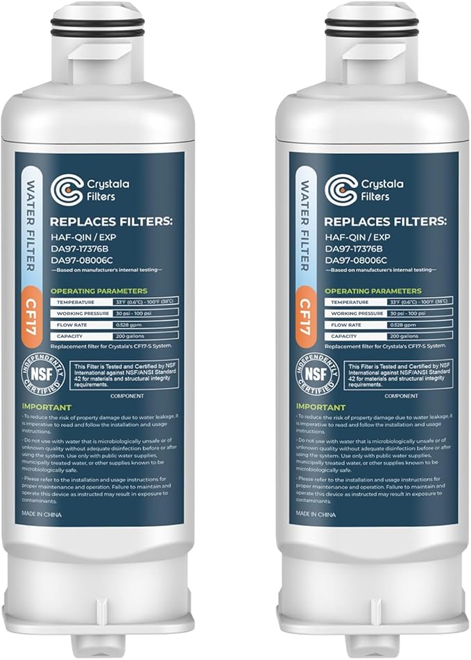 Crystala Filters Replacement for DA97-17376B Water Filter, NSF 42 Compatible with Samsung HAF-QIN, HAF-QIN/EXP, DA97-08006C, RF23M8070SG, RF23M8070SR, RF23M8090SG, RF23M8570SR (2 Pack)