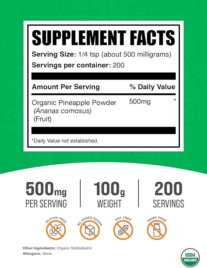 BulkSupplements.com Organic Pineapple Powder - Pineapple Fruit Powder, for Flavoring & Smoothies - Unsweetened & Gluten Free, 500mg per Serving, 100g (3.5 oz) (Pack of 1)