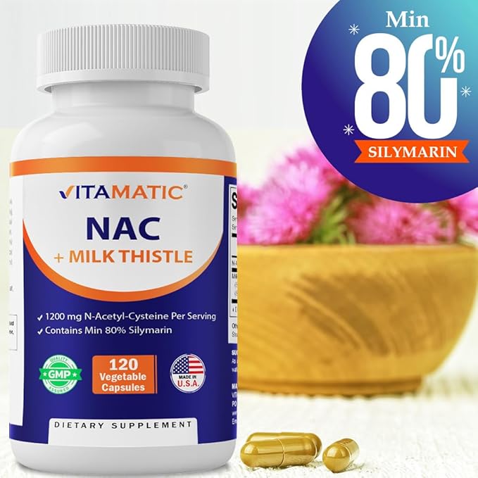 Vitamatic NAC Supplement N-Acetyl-L-Cysteine (NAC) with Milk Thistle 50:1 Extract - Supports Immune, Respiratory, Liver Health, 1200 mg per Serving, 120 Veg Capsules