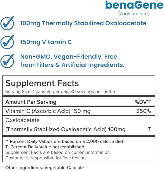 Benagene Oxaloacetate Supplement - Supports Cellular Energy - Thermally Stabilized with Vitamin C - Non-GMO & Vegan - 30 Servings, Once Daily