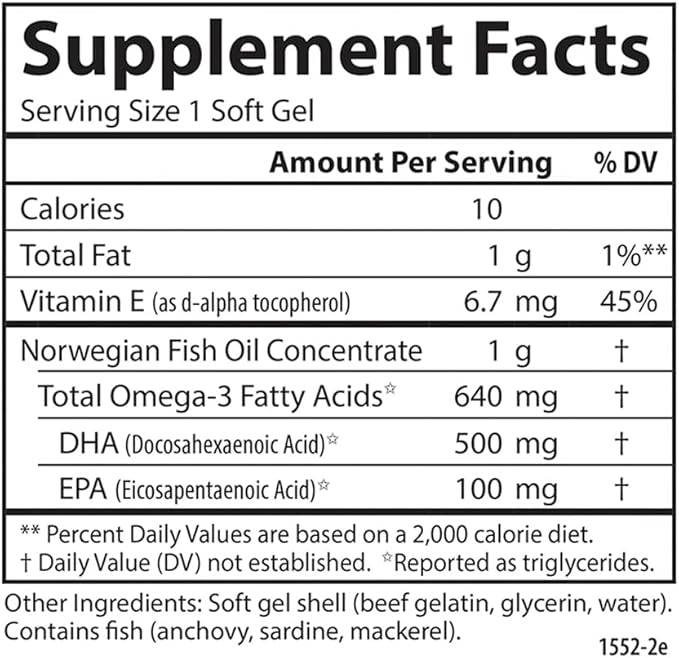 Carlson - Super DHA Gems, 500 mg DHA Supplements, 640 mg Fatty Acids, Wild-Caught Norwegian Arctic Omega 3 Fish Oil Supplement, Sustainably Sourced Fish Oil Capsules, 180 Softgels