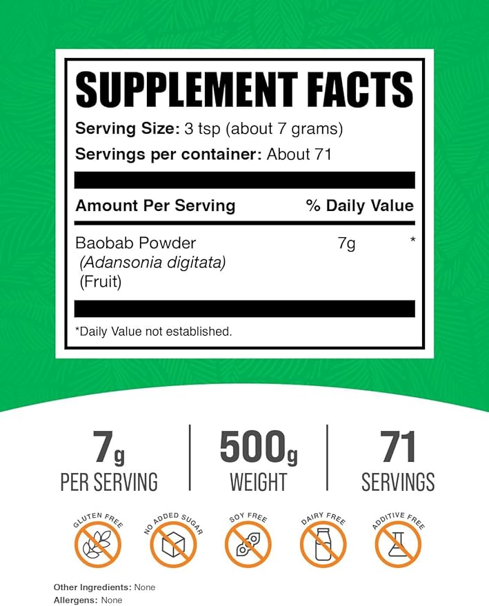 BulkSupplements.com Baobab Fruit Powder - Baobab Supplement, Antioxidant Supplement - Gluten Free, 7g per Serving, 500g (1.1 lbs) (Pack of 1)