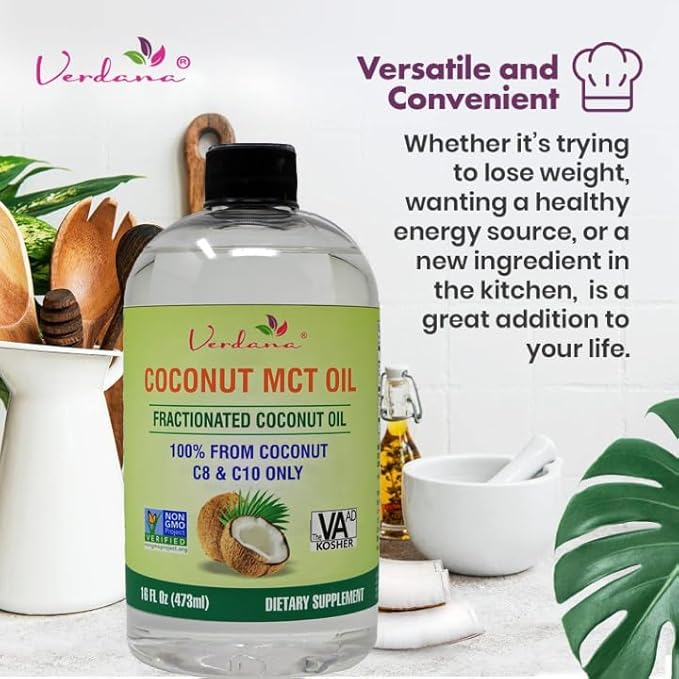 Verdana MCT Oil – 16 Fl Oz Dietary Supplement – 100% Coconut Derived, Fractionated, Food Grade – for Oil Pulling, Keto Coffee, Oral Rinse, Massage & Aromatherapy – Vegan, Non-GMO, Kosher