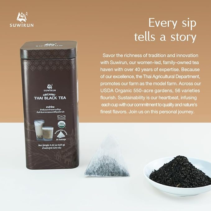 Suwirun Organic Assam Thai Black Tea 25 Bags โ Bold, Smooth & Aromatic โ Premium Quality, No Additives โ Perfect for Hot, Iced & Thai Milk Tea