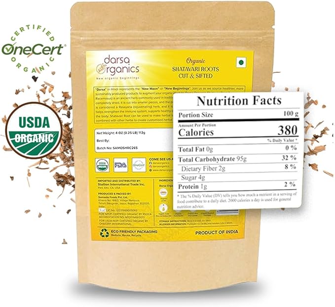 Shatavari Cut & Sifted - 4 oz, Organic Asparagus Racemosus Root from India, USDA Certified, Non-GMO, Perfect for Shatavari Tea, Supports Women's Health & Lactation, Gluten-Free