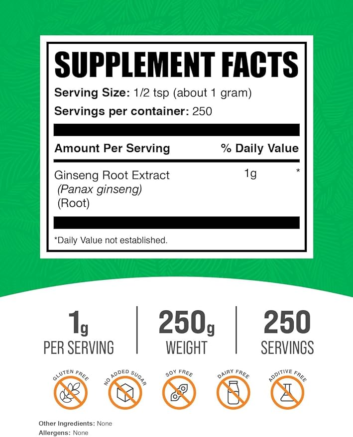 BulkSupplements.com Ginseng Root Extract Powder - Panax Ginseng Supplement, Herbal Supplement - Vegan & Gluten Free, 1g per Serving, 250g (8.8 oz) (Pack of 1)
