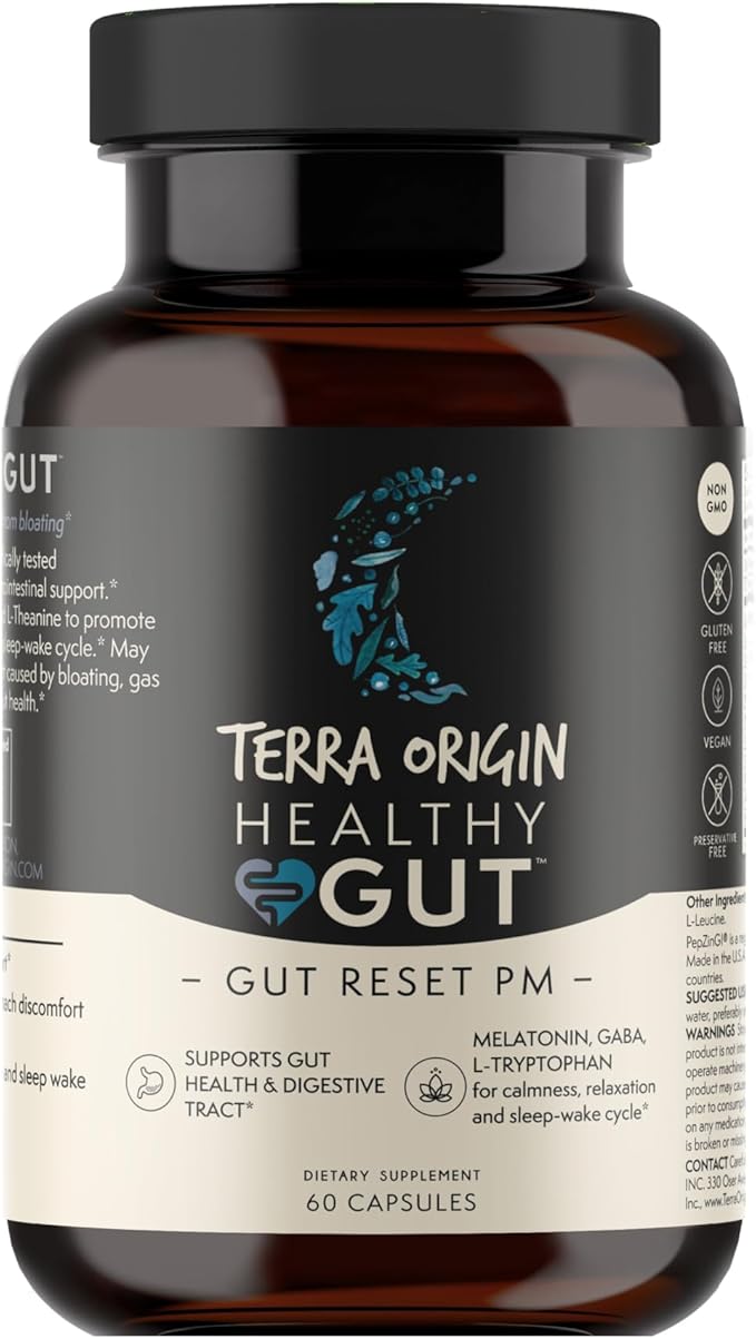TERRA ORIGIN Healthy Gut Reset PM | 60 Veggie Capsules | Natural Sleep Aid Supplement for Sleep & Wake Cycles | GABA, L-Tryptophan, Melatonin, L-Glutamine, Licorice Root, Slippery Elm Root