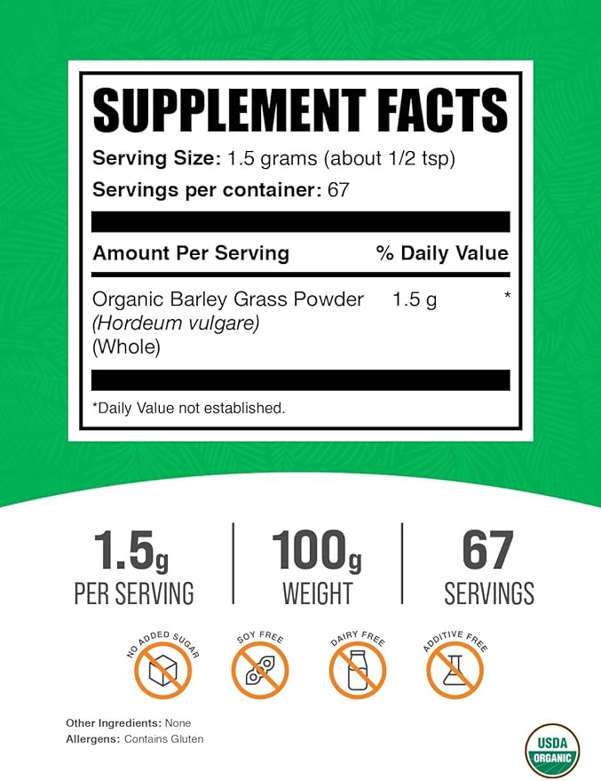 BulkSupplements.com Organic Barley Grass Powder - Green Superfood Powder, Herbal Supplement - Vegan-Friendly, 1.5g per Serving, 100g (3.5 oz) (Pack of 1)
