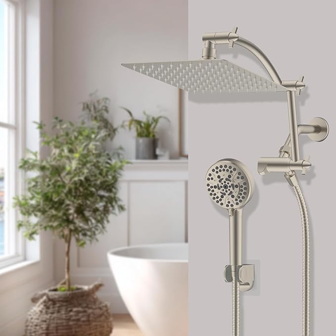 Hibbent All Metal Shower Head, 10'' High Pressure Rain Shower Head/Handheld Showerhead Combo with 16'' Adjustable Arc-shaped Extension Arm, 10 Sprays, 71'' Hose, Showerhead Holder, Brushed Nickel