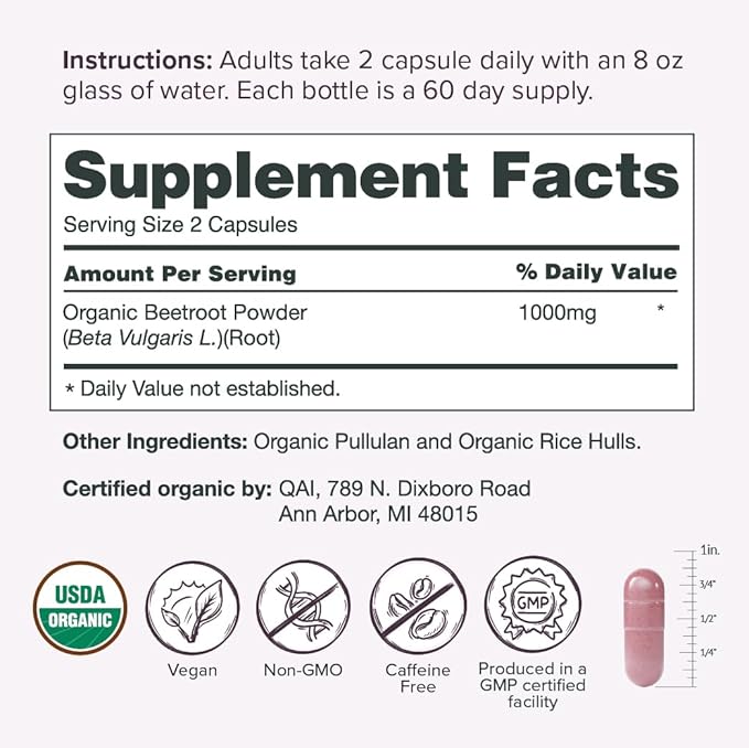 Sur Organic Beet Root Capsules 1000mg - Supports Healthy Circulation and Increased Energy - Nitric Oxide Superfood (120 Capsules)