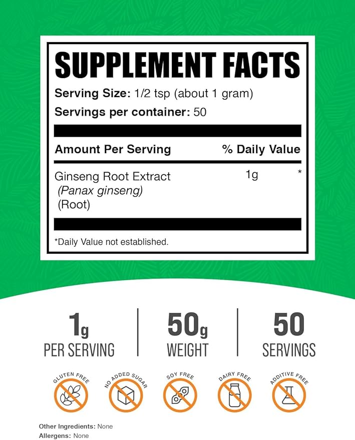 BulkSupplements.com Ginseng Root Extract Powder - Panax Ginseng Supplement, Herbal Supplement - Vegan & Gluten Free, 1g per Serving, 50g (1.76 oz) (Pack of 1)