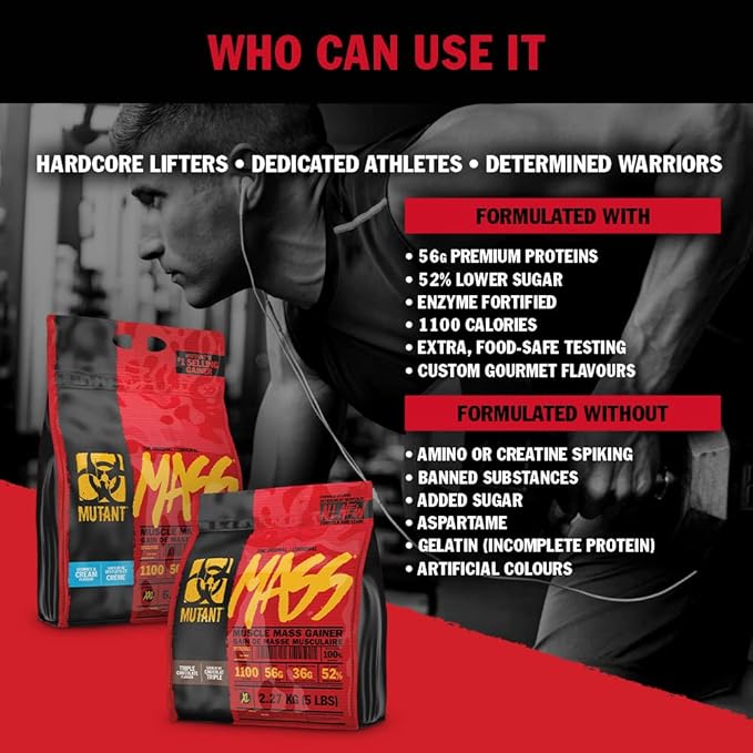 Mutant Mass Weight Gainer Protein Powder – Build Muscle Size and Strength with 1100 Calories – 56 g Protein – 26.1 g EAAs – 12.2 g of BCAAs – 15 lbs with 24 Servings – Cookies & Cream