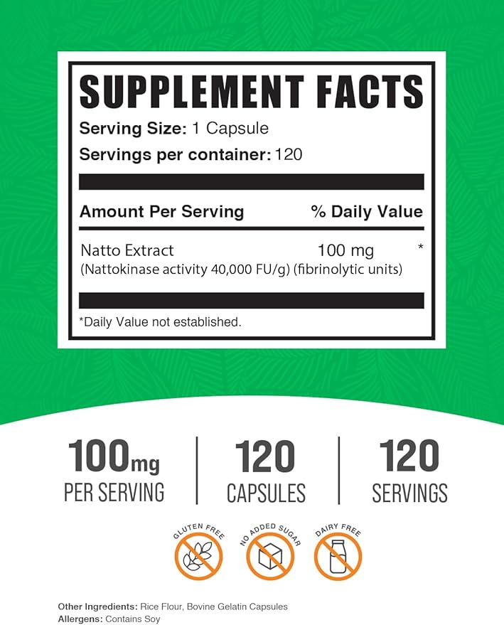 BulkSupplements.com Nattokinase 4000 FU Capsules - Nattokinase Supplement, Sourced from Natto Extract, Nattokinase 100mg - Gluten Free, 1 Capsule per Serving, 120 Capsules (Pack of 1)