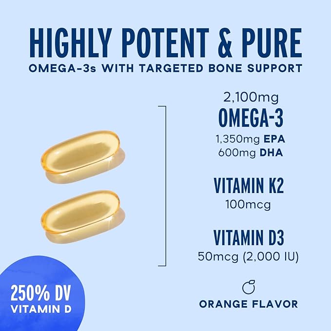 Oceanblue Professional Omega-3 2100 with Vitamin K2 and Vitamin D3-60 Count - Triple Strength Burpless Fish Oil Omega-3 Supplement with EPA, DHA & DPA - Wild Caught - Orange Flavor, 30 Servings
