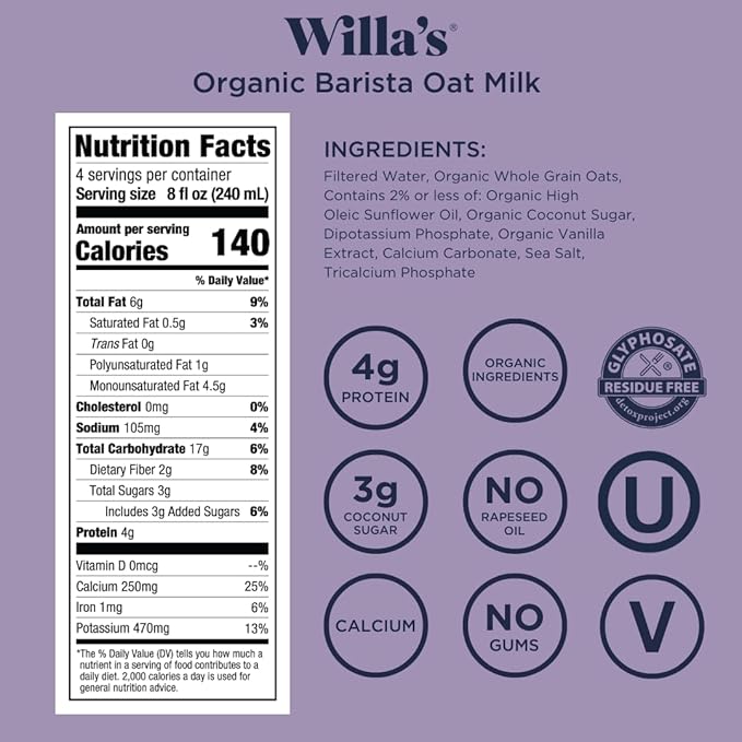 Willa's Organic Barista Oat Milk - Barista Blend Unsweetened Oatmilk and Creamer, Non-GMO, Shelf Stable, Low Sugar, Non-Dairy Milk, Made from Whole Grain Oats, For Foams and Froth, 32oz, Pack of 6