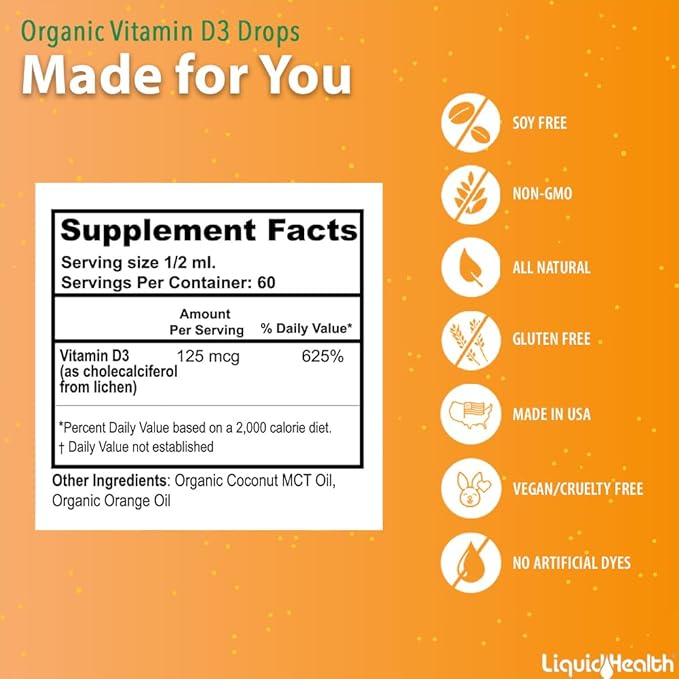 LIQUIDHEALTH Vitamin D3 5000 IU, USDA Organic Vitamin D Liquid Drops for Adults & Kids, Vegan Vitamin D for Immune System Support, Bone Health, Mood Support, Healthy Skin - Made in USA (2 oz)