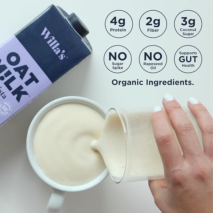Willa's Organic Barista Oat Milk - Barista Blend Unsweetened Oatmilk and Creamer, Non-GMO, Shelf Stable, Low Sugar, Non-Dairy Milk, Made from Whole Grain Oats, For Foams and Froth, 32oz, Pack of 6