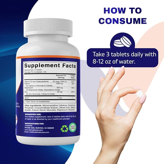 Vitamatic Calcium Magnesium Zinc D3 Boron | 365 Coated Tablets Supplement | Calcium 1200 mg, Magnesium 420mg, Zinc 25mg, Vitamin D3 1000 IU, Boron 1 mg | Non-GMO | Gluten Free | Made in USA