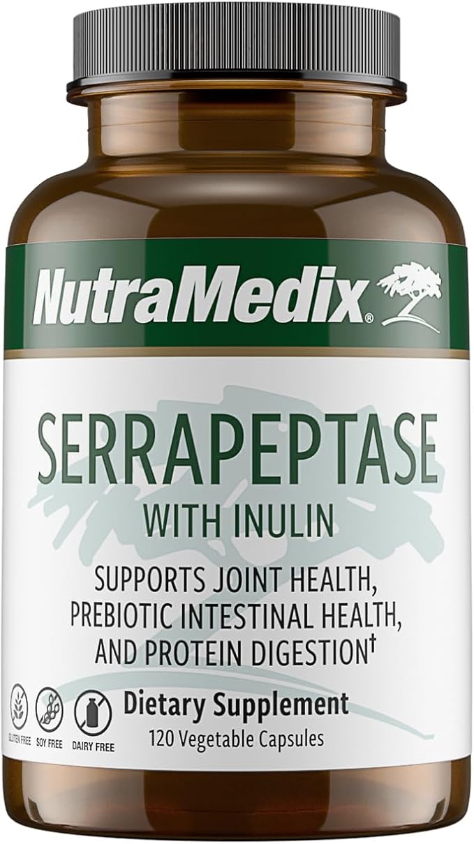 NutraMedix Serrapeptase Supplement with Proteolytic Digestive Enzymes for Women & Men - Inulin Prebiotic Fiber for Gut Health & Joint Support - Dairy, Soy & Gluten-Free (120 Capsules)