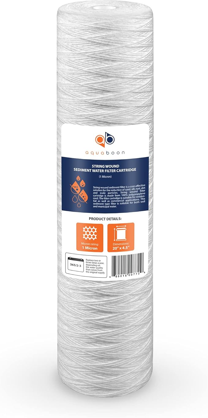 Aquaboon 1 Micron Whole House 20" x 4.5" String Wound Water Filter Replacement Cartridge for Well Water Compatible with SWC-25-2005, P5-20, 10-Pack