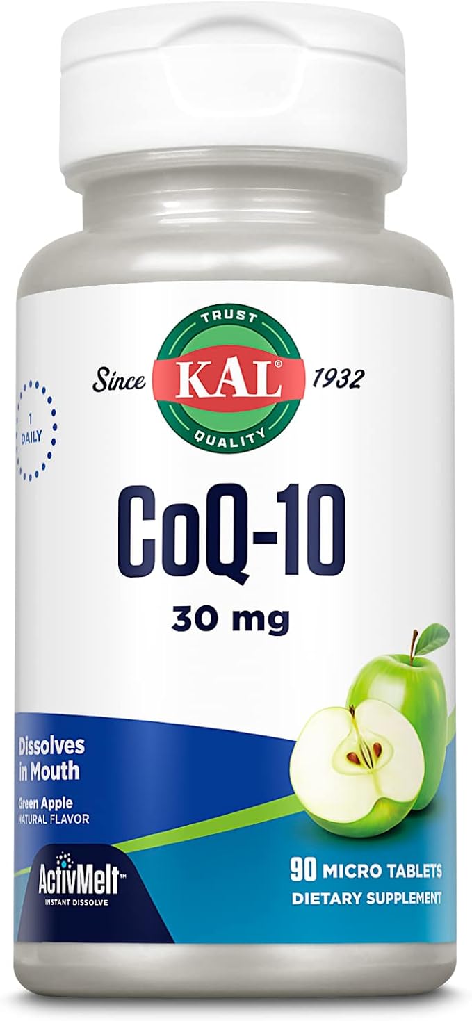 KAL CoQ10 30mg, Antioxidant Formula, CoEnzyme Q10 Supplement for Heart Health and Cellular Energy Support, Fast-Dissolving ActivMelts, Vegetarian, Natural Green Apple Flavor, 90 Serv, 90 Micro Tablets